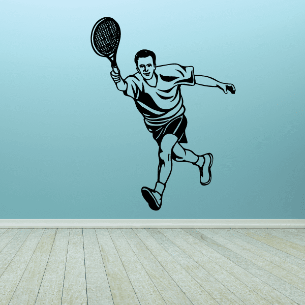 Tennis wall decal showing a black tennis player holding a racket mid-swing
