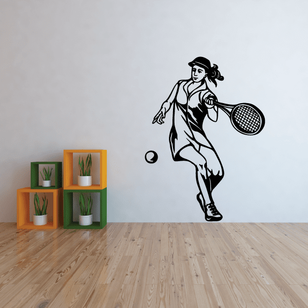 Tennis wall decal of a black tennis player holding a racket and ball