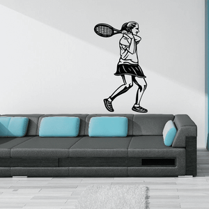 Tennis player wall decal, black silhouette holding a tennis racket in mid-stride