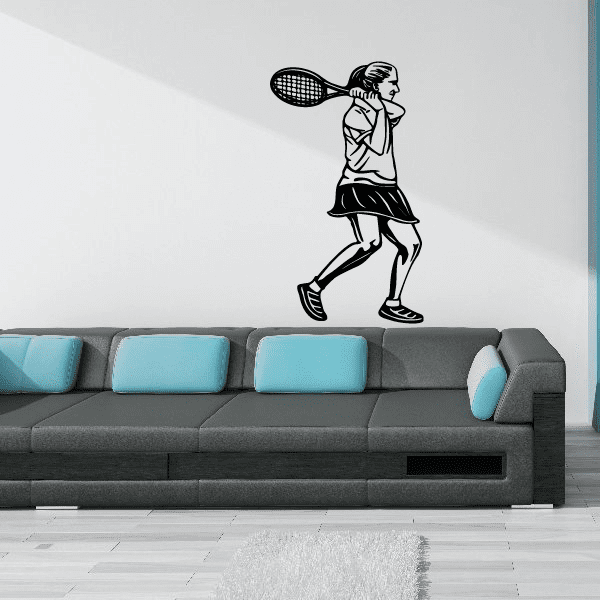 Tennis player wall decal, black silhouette holding a tennis racket in mid-stride