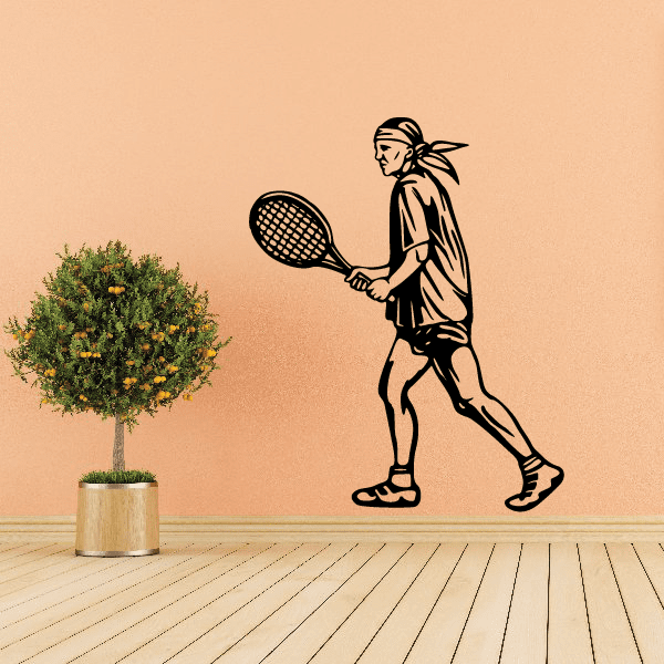 Tennis wall decal of a tennis player holding a racket, vinyl sticker