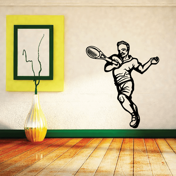 Tennis wall decal vinyl of a running male player with a tennis racket, black silhouette
