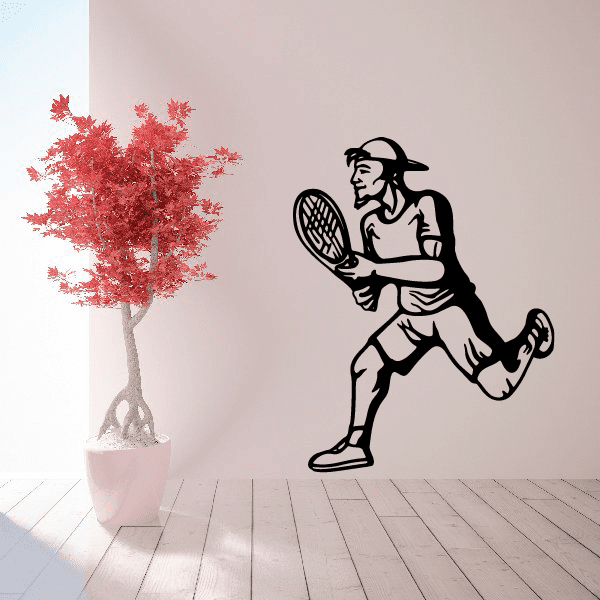 Tennis player wall decal with black vinyl tennis racket silhouette