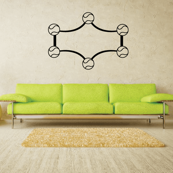 Tennis ball wall decal with black outlined tennis balls arranged in a circle.