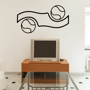 Tennis-themed vinyl wall decal with two black line tennis balls