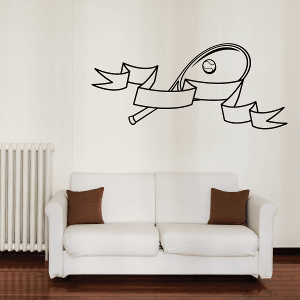 Tennis wall vinyl decal: black tennis ball with racket outline