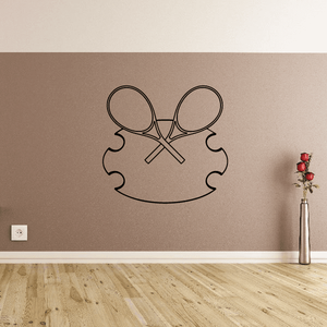 Black line-art crossed tennis rackets wall decal with banner