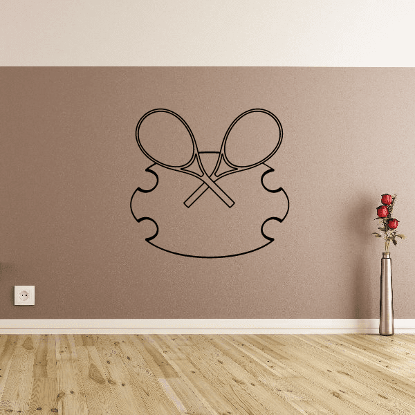 Black line-art crossed tennis rackets wall decal with banner