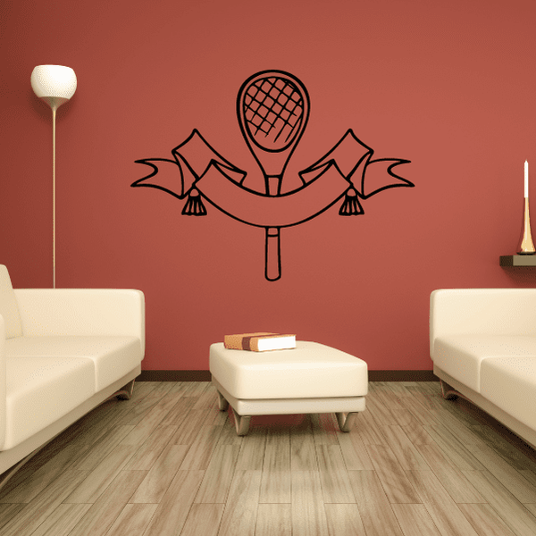 Tennis racket wall decal with net and ball motif, vinyl