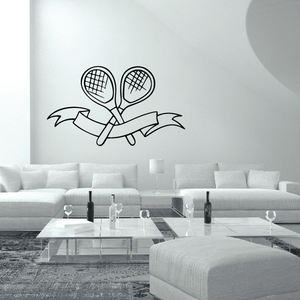 Tennis racket wall decal with crossed rackets and ribbon banner outline