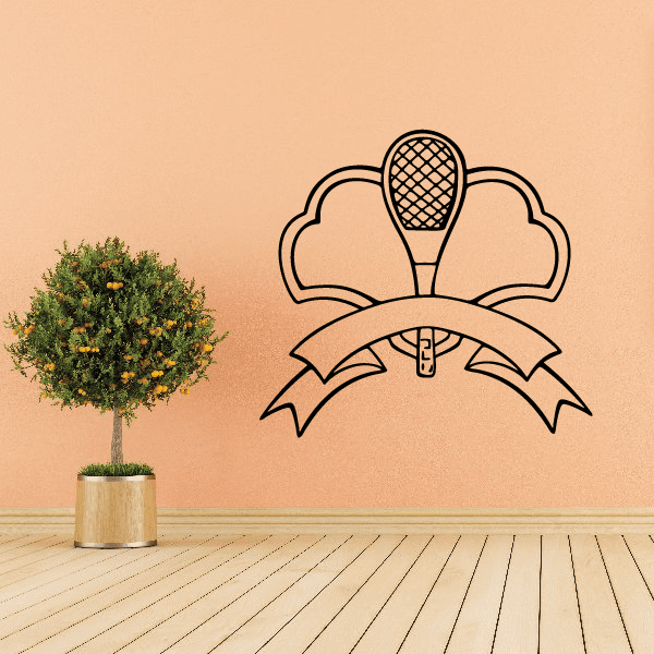 Tennis wall decal with tennis ball, racket, and ribbon banner