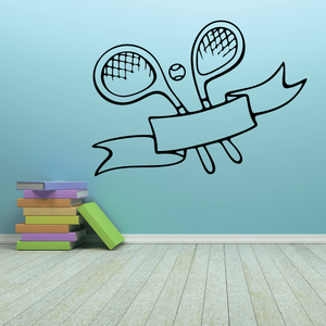 Tennis wall decal of two rackets with a ribbon banner, black outline
