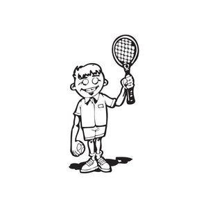 Tennis wall decal featuring a cartoon child holding a tennis racket and ball