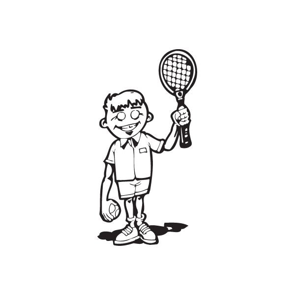 Tennis wall decal featuring a cartoon child holding a tennis racket and ball