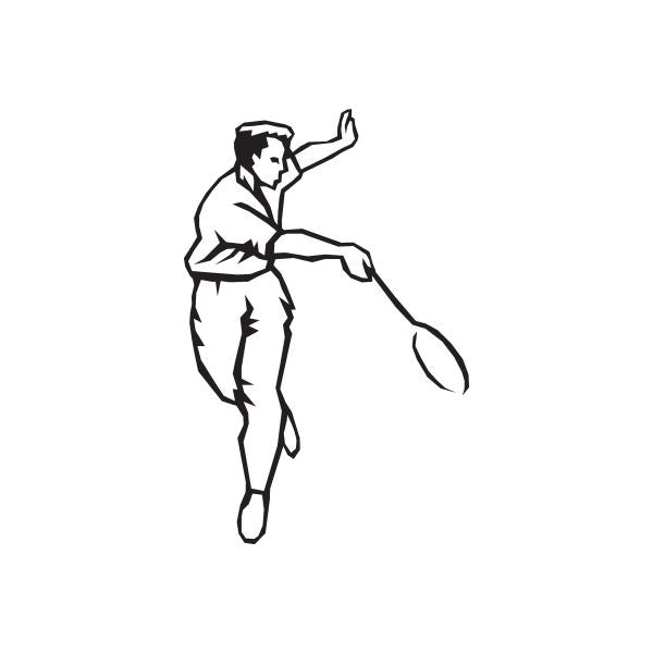 Tennis wall decal of a black tennis player mid-swing, vinyl silhouette