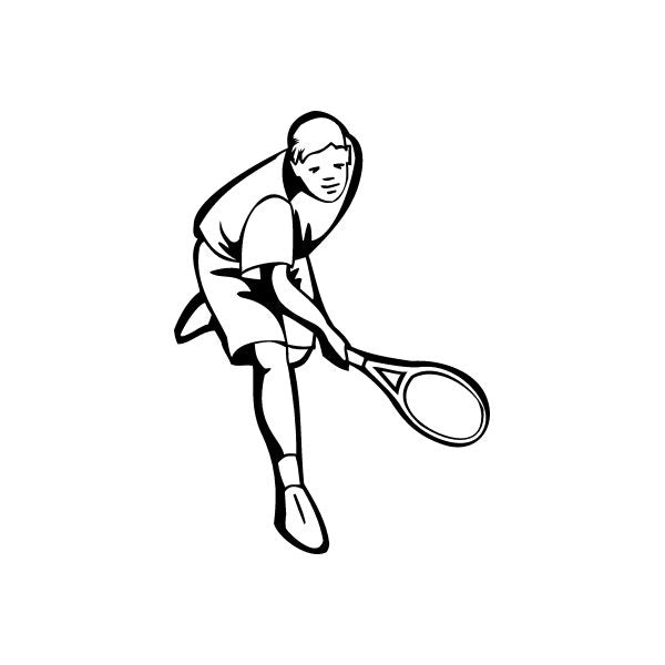 Tennis player wall decal in black outline, holding a tennis racket