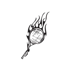 Flaming tennis ball vinyl wall decal with racket silhouette