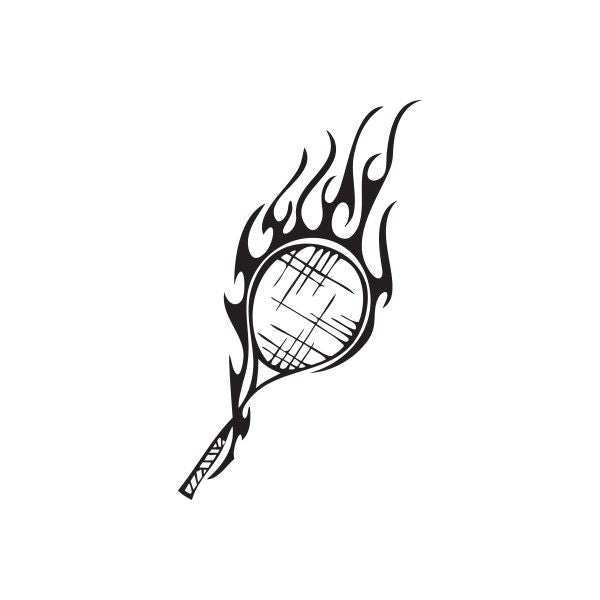 Flaming tennis ball vinyl wall decal with racket silhouette