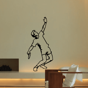 Tennis player wall decal vinyl silhouette, full-body pose with racket raised