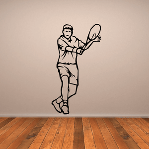 Tennis wall decal of a playing man holding a racket, black silhouette