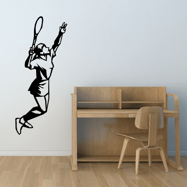 Tennis wall decal vinyl showing a black tennis player with raised racket