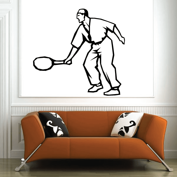 Tennis player wall decal vinyl sticker, black outline holding a tennis racket