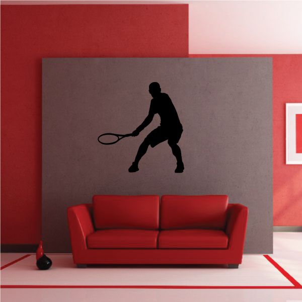 Tennis wall decal with a black tennis player silhouette holding a racket