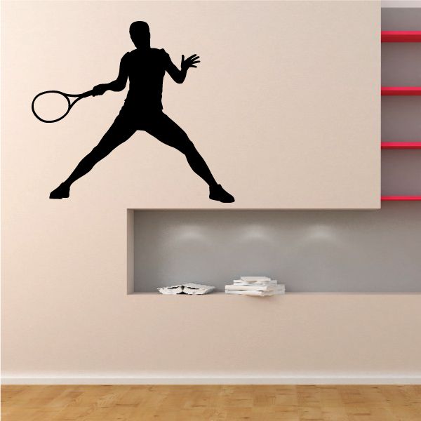 Black tennis player wall decal with raised racket and swinging pose