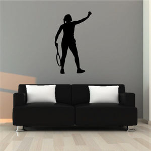 Tennis player wall decal, black vinyl silhouette holding a racket