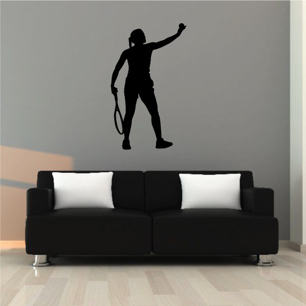 Tennis player wall decal, black vinyl silhouette holding a racket