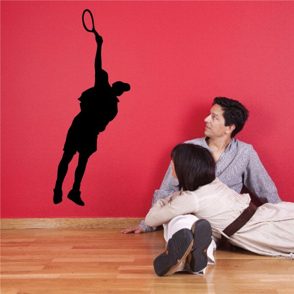 Tennis player wall decal with black silhouette holding a tennis racket