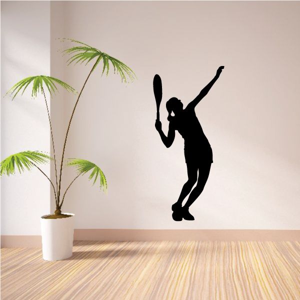 Tennis wall decal vinyl sticker with black tennis player silhouette and green palm trees