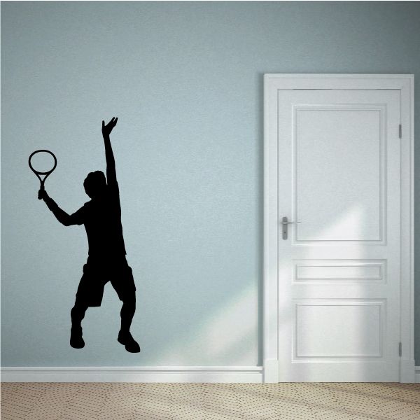 Black tennis player wall decal silhouette holding a racket