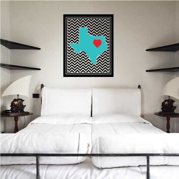 Square Texas chevron sticker with black border, white zigzag, turquoise state and red heart