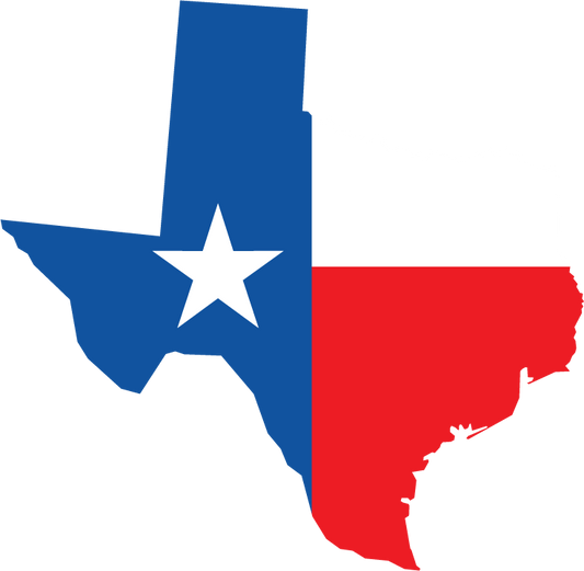 Texas state flag sticker: blue field with white star and red/white stripes in Texas shape