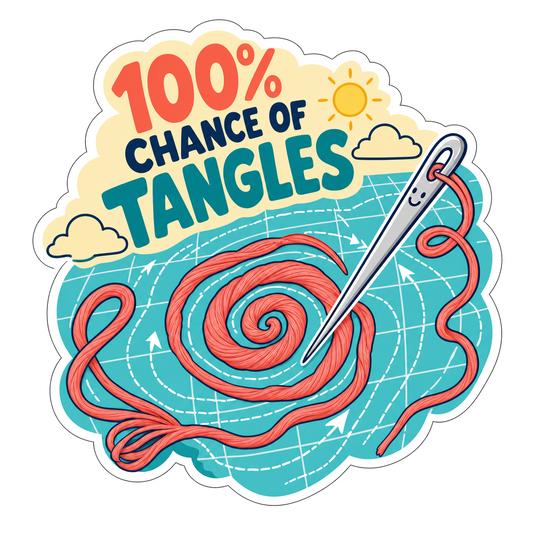 Colorful vinyl sticker with spiral yarn and text “100% chance of tangles”.