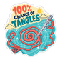 Colorful vinyl sticker with spiral yarn and text “100% chance of tangles”.