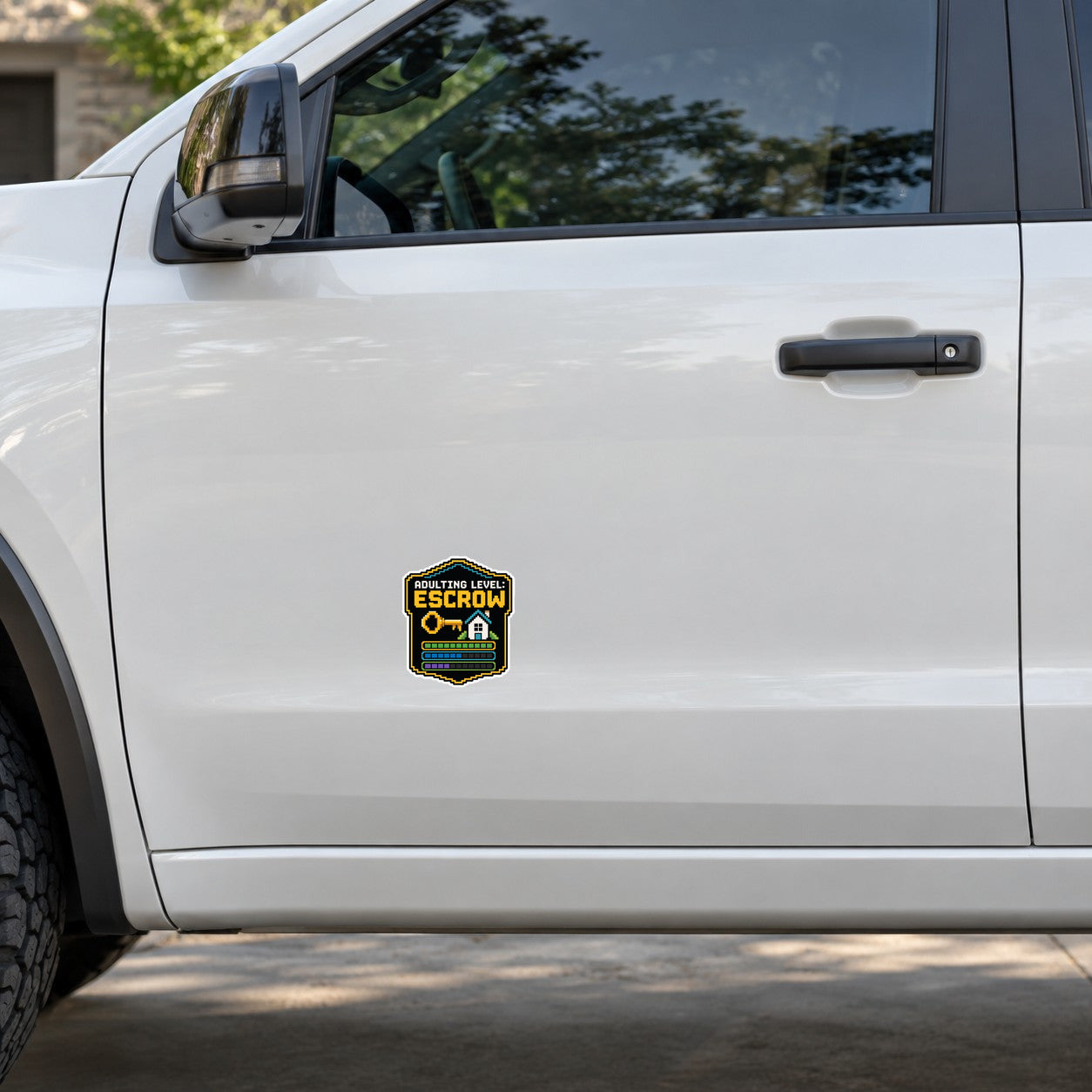 Adulting level escrow sticker on car door, pixel house badge logo