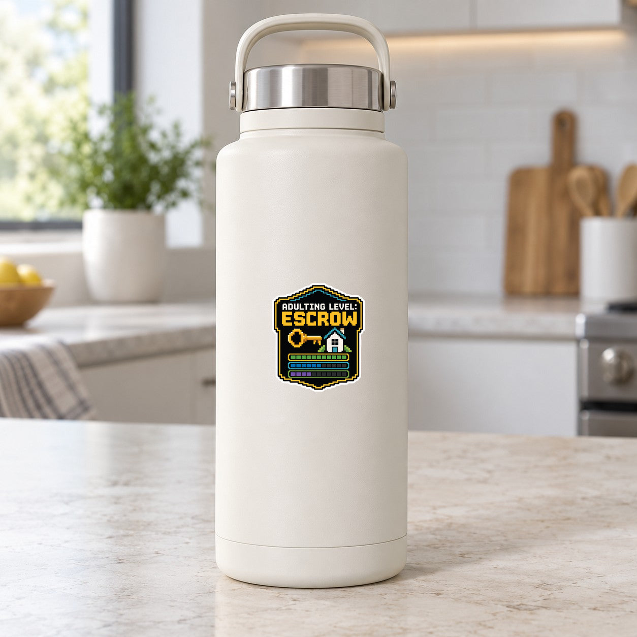 Adulting level escrow sticker on white water bottle