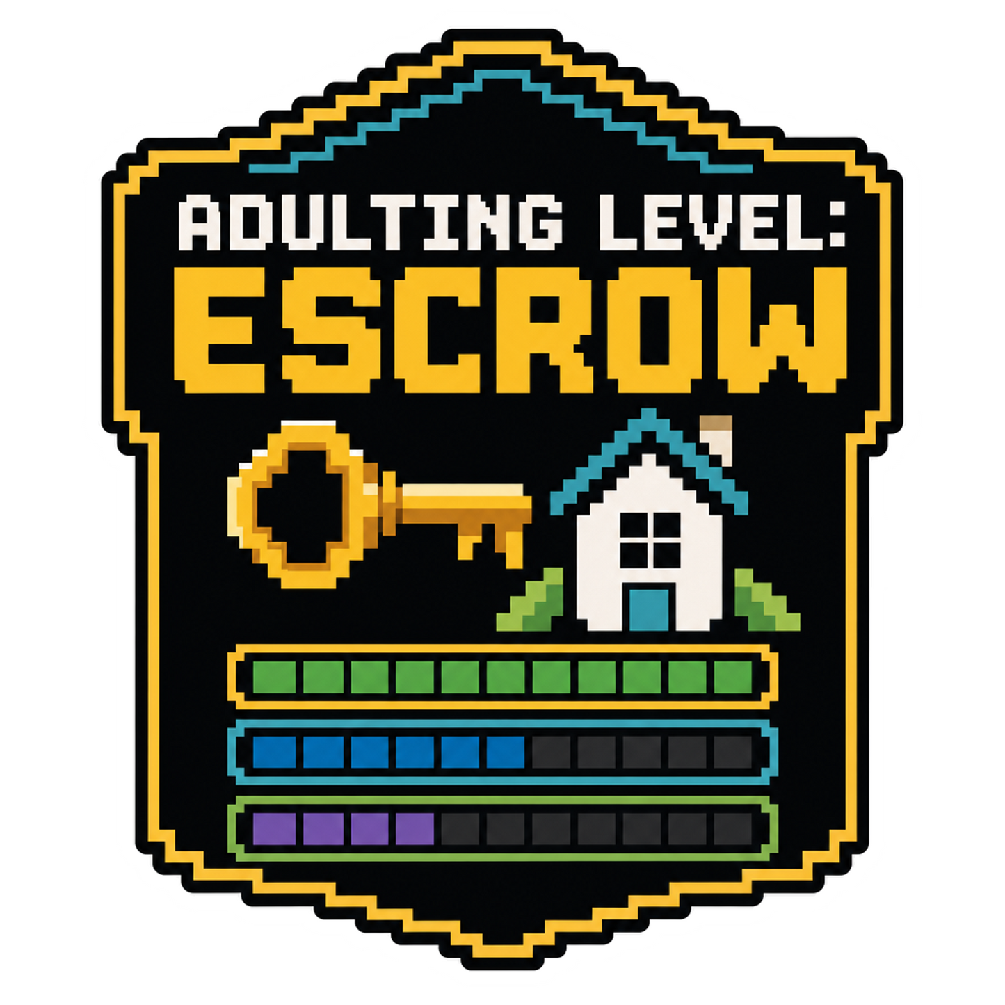 Adulting level escrow sticker, pixel-style house and text logo in yellow and teal