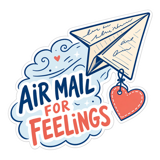 Air mail themed die-cut sticker with envelope, clouds, and heart with “AIR MAIL FOR FEELINGS”.