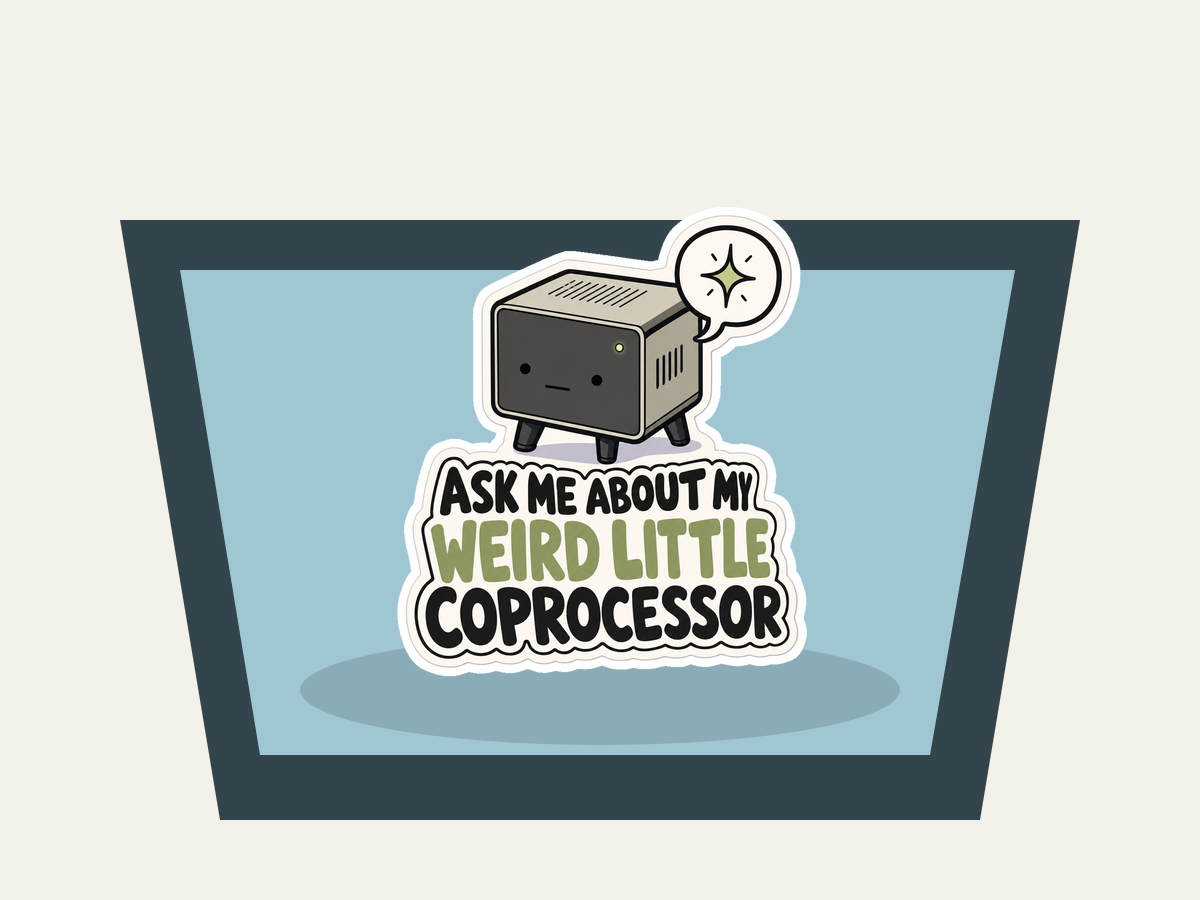 Ask Me About My Weird Little Coprocessor Sticker shown on a car window mockup
