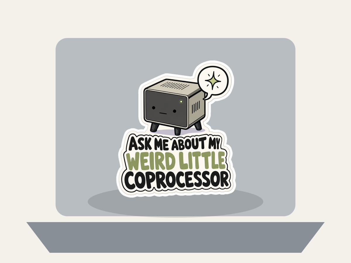 Ask Me About My Weird Little Coprocessor Sticker shown on a laptop mockup