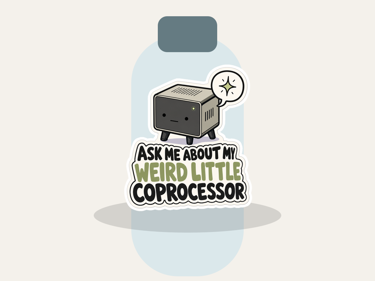 Ask Me About My Weird Little Coprocessor Sticker shown on a water bottle mockup