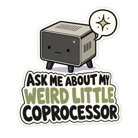 Computer-themed quote sticker with robot icon and colorful text, white outline