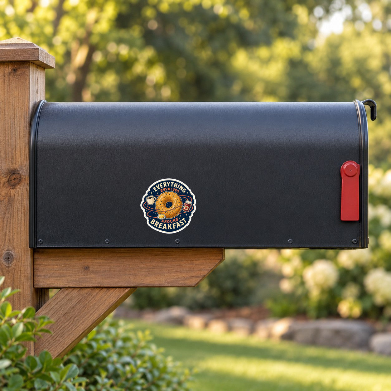 Bagel Orbit Club sticker on dark mailbox, circular bagel logo with breakfast text