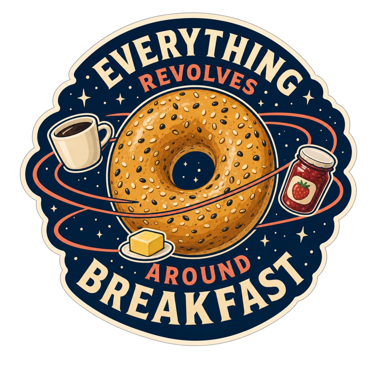 Round sticker with donut, coffee cup, and jam jars; reads “EVERYTHING REVOLVES” “AROUND BREAKFAST”.