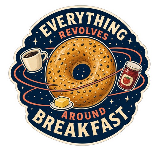 Bagel Orbit Club sticker, circular bagel design with coffee and breakfast text