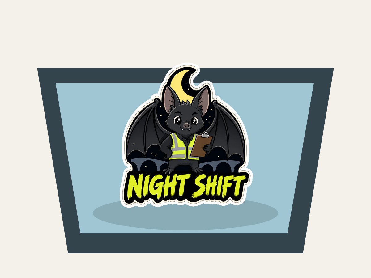 Night Shift bat supervisor sticker with bold “NIGHT SHIFT” text, bat in hi-vis vest holding