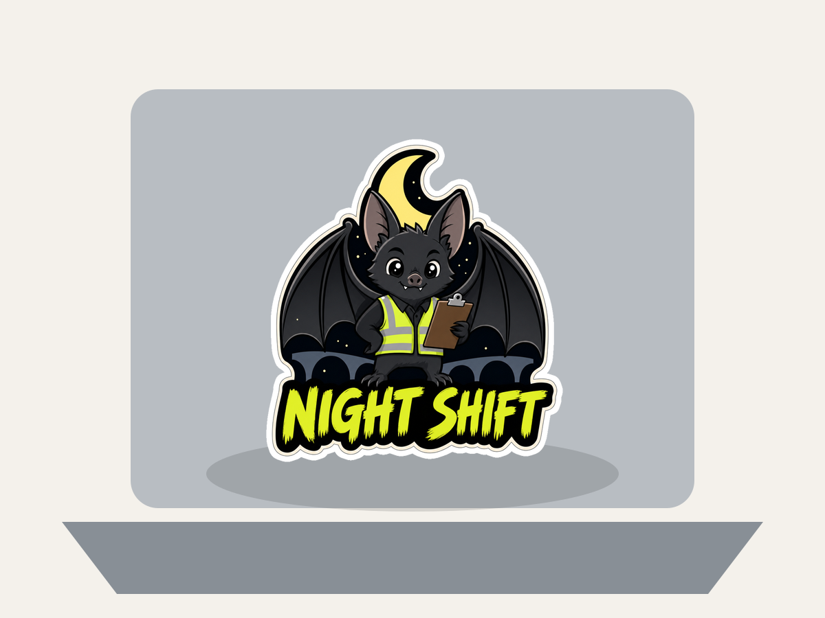 Night Shift bat supervisor die-cut sticker, black bat wearing yellow vest with clipboard
